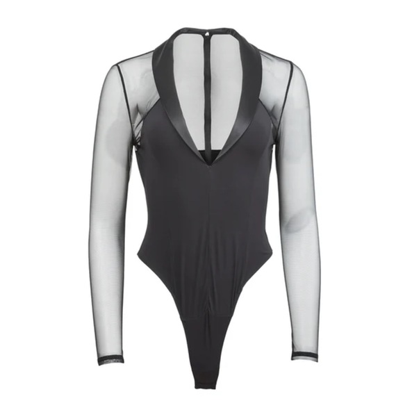 Fleur Du Mal Tuxedo Bodysuit Plunge Neckline Silk Blend - Picture 2 of 10